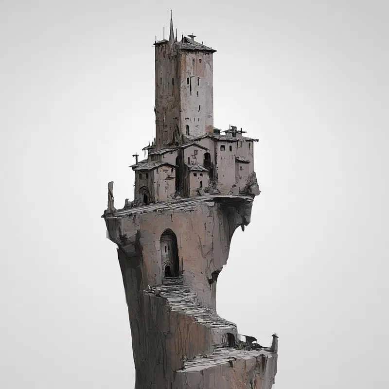 Detailed sketch of an ancient stone fortress perched on a towering rocky spire