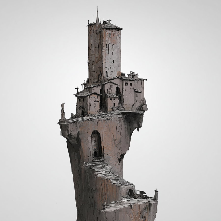 a fantastical tall stone fortress built on top of a narrow, high rocky pillar with stairs carved into the rock leading up to arched entrances and multiple buildings