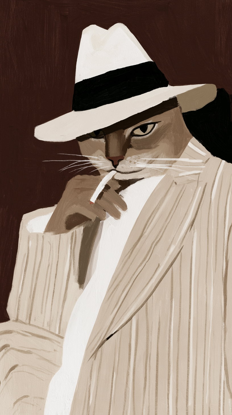 Digital illustration of an anthropomorphic cat character smoking a cigarette, dressed in a beige pinstripe suit and white fedora hat with a black band, on a dark brown background