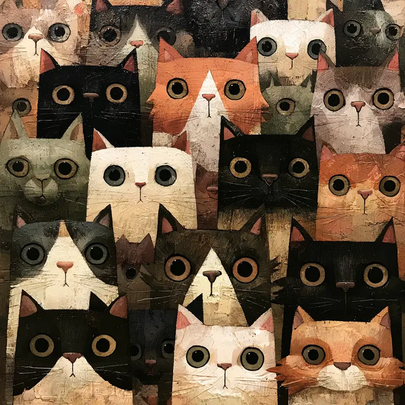 Artistic depiction of a crowd of various cats with large eyes