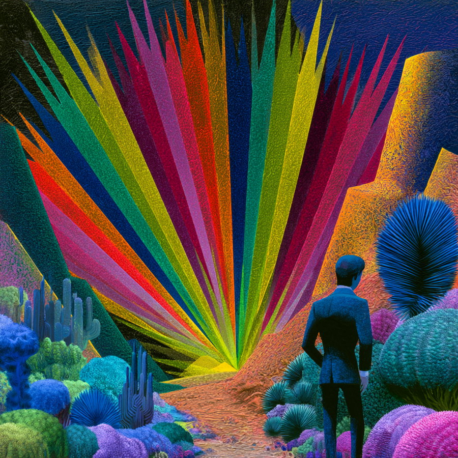 An illustrated surreal scene with a figure in a suit standing among various colorful abstract plants and bushes under a night sky with multicolored sharp light rays emanating from the horizon.