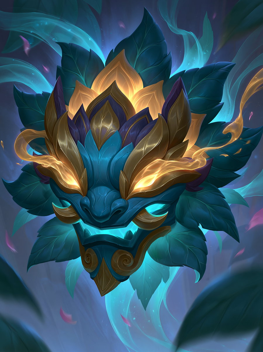 A close-up of a mythical creature's head composed of large blue leaves and glowing golden ornamental elements, set against a dark, mystical background with ethereal blue and gold wisps and scattered purple petals.