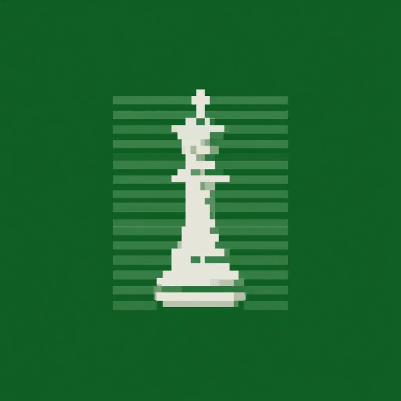 Pixelated white king chess piece against green background with horizontal lines