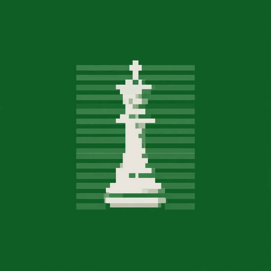 An image of a pixelated white king chess piece centered with horizontal green lines behind it on a solid green background