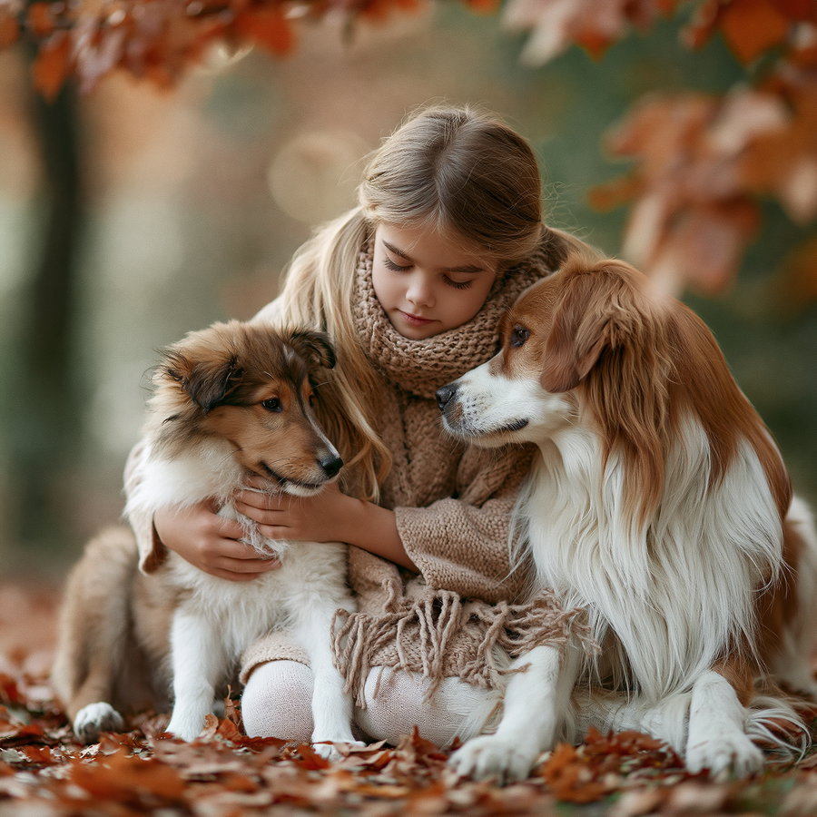 A young girl in a beige knit sweater and scarf sits on the ground covered in autumn leaves, hugging a Shetland Sheepdog puppy beside another adult Shetland Sheepdog.