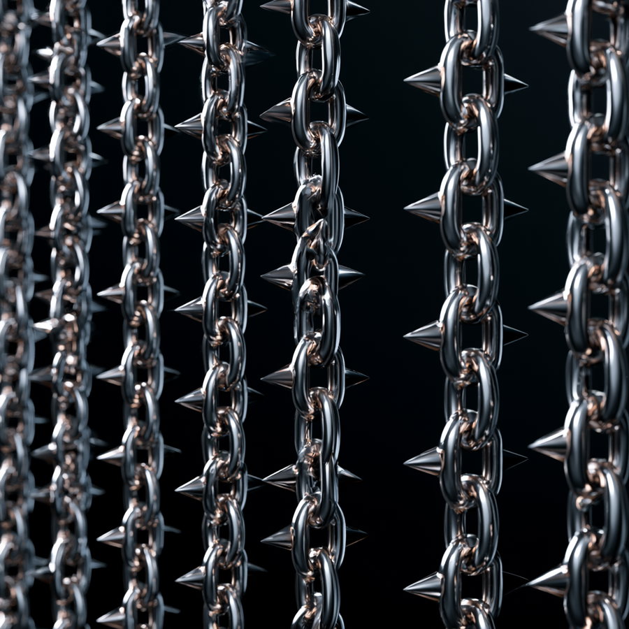 Several vertical metallic chains with spikes evenly spaced along them, reflecting light on a dark background
