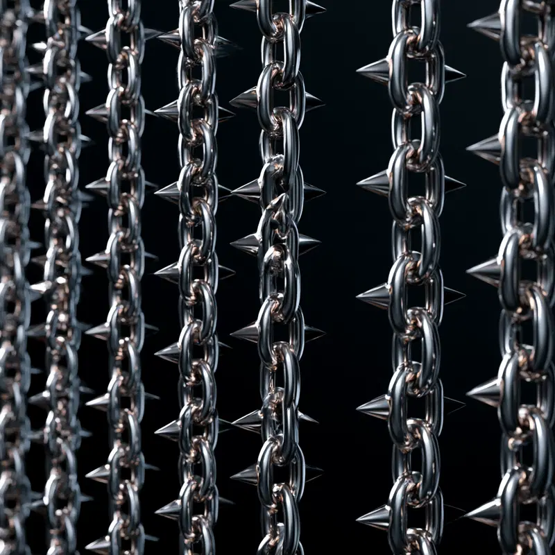 Close-up view of shiny metallic chains with sharp spikes against a dark background