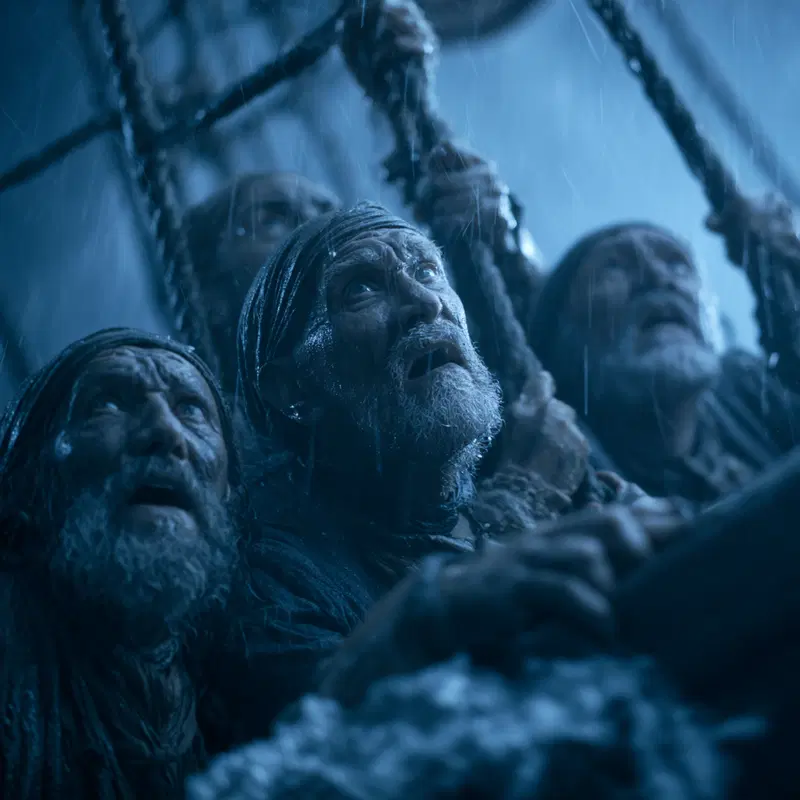 Focused group of weary sailors on a ship during a stormy night
