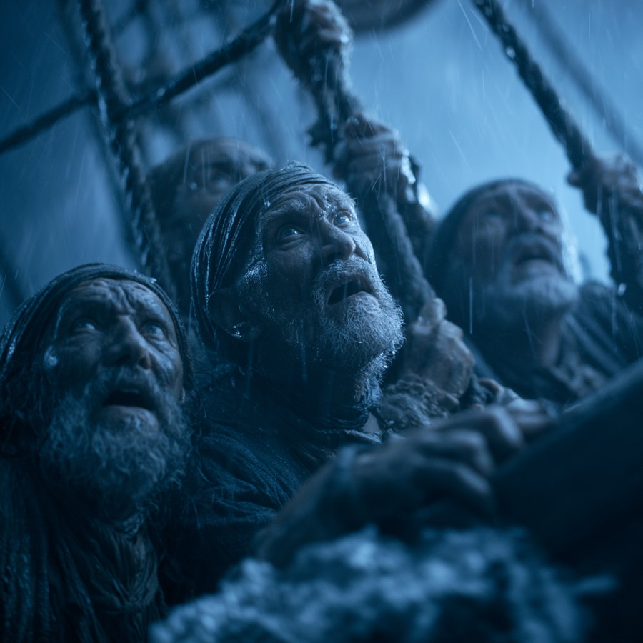 Four men with wet weathered faces and beards holding on to ropes on a ship with rain falling and a stormy dark blue background
