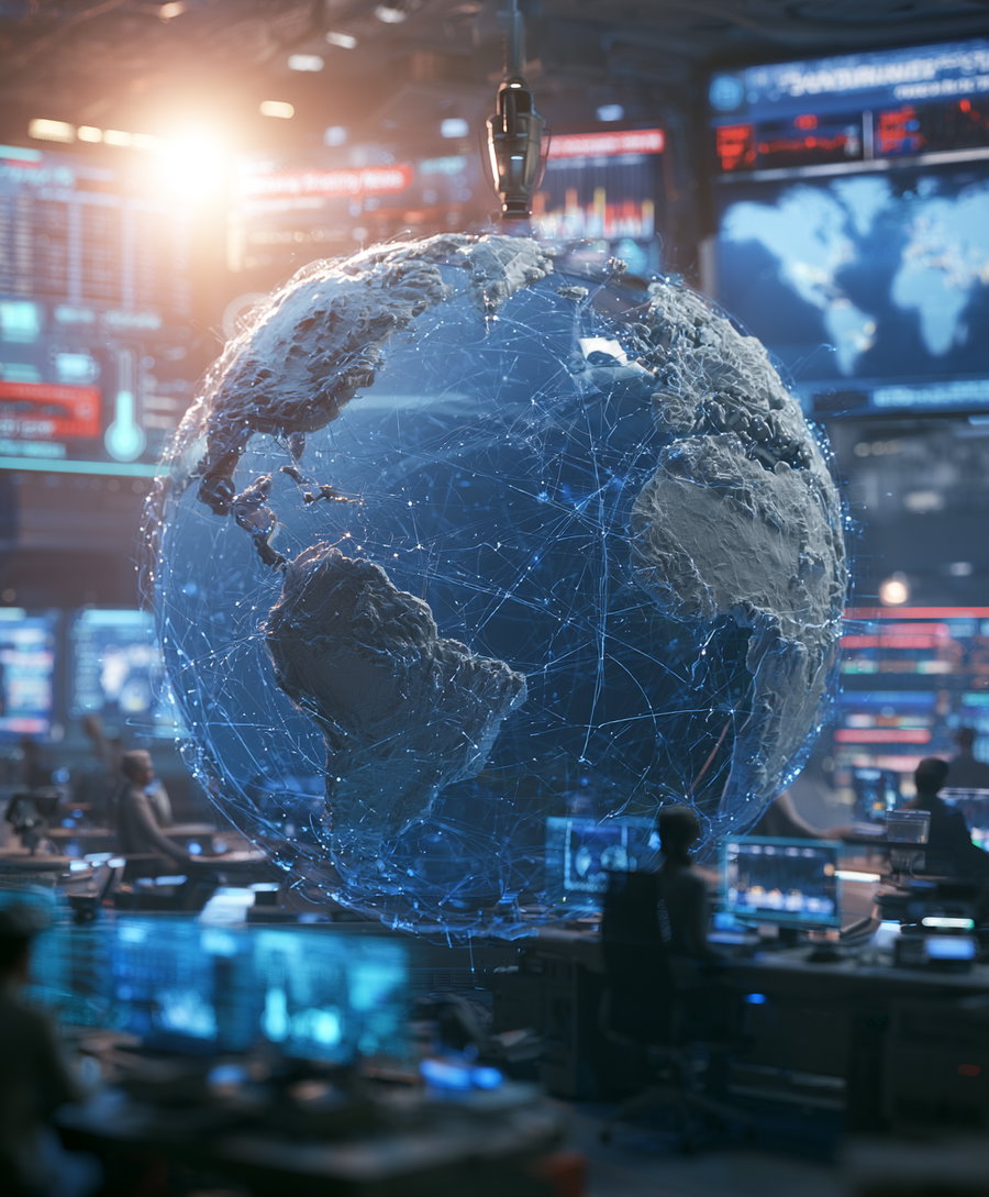 A futuristic control room filled with multiple monitors and people working, centered on a large holographic globe showing continents and network connections.