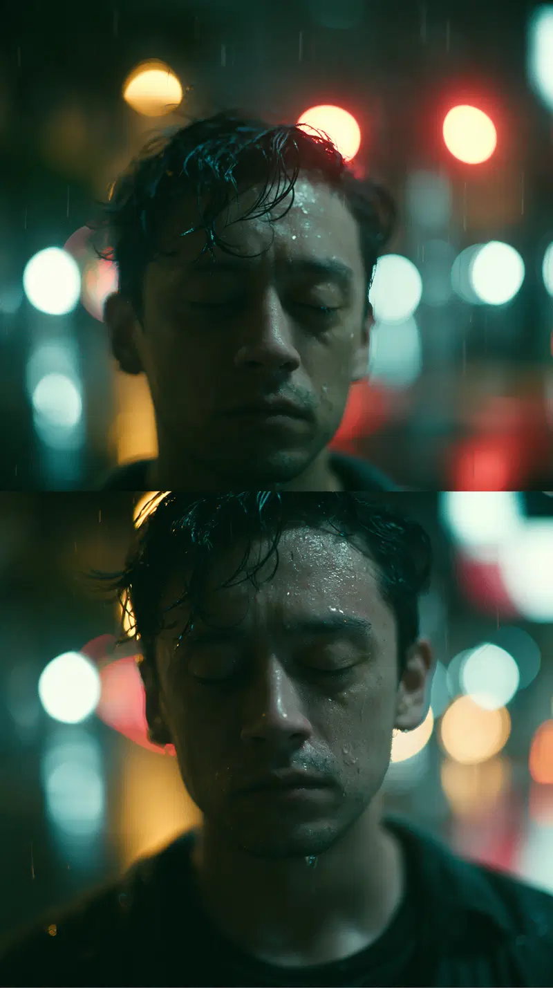 Portraits of a man with closed eyes in rain illuminated by city lights