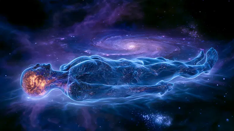 Transparent human figure with glowing brain floating in cosmic space
