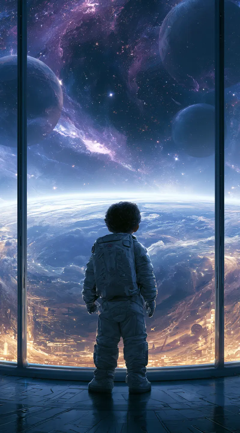 Young astronaut gazing at planet Earth and cosmic space through a large window