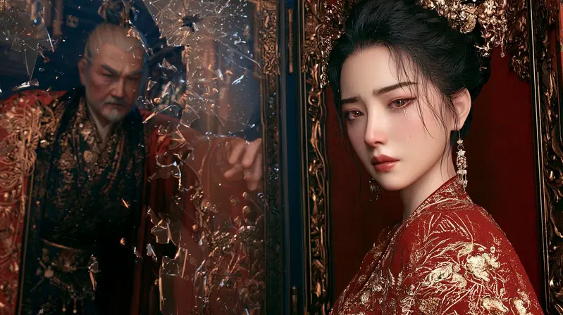 Emotional fantasy scene with a regal woman and a shattered mirror