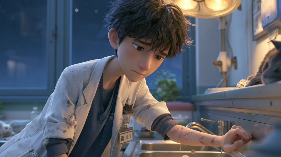 A young animated man with tousled dark hair and a tired expression wearing a dirty white lab coat leaning on a sink countertop, surrounded by small animals including mice and a cat, with visible scars on his forearm in a softly lit room with a window in the background.