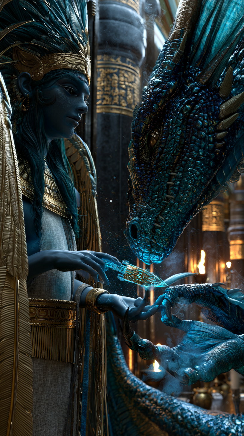 A blue-skinned figure wearing golden ornate headdress and garments is holding a glowing crystal while a large blue dragon with textured scales extends its claw and snout towards the crystal in a grand hall with golden pillars and warm lighting.