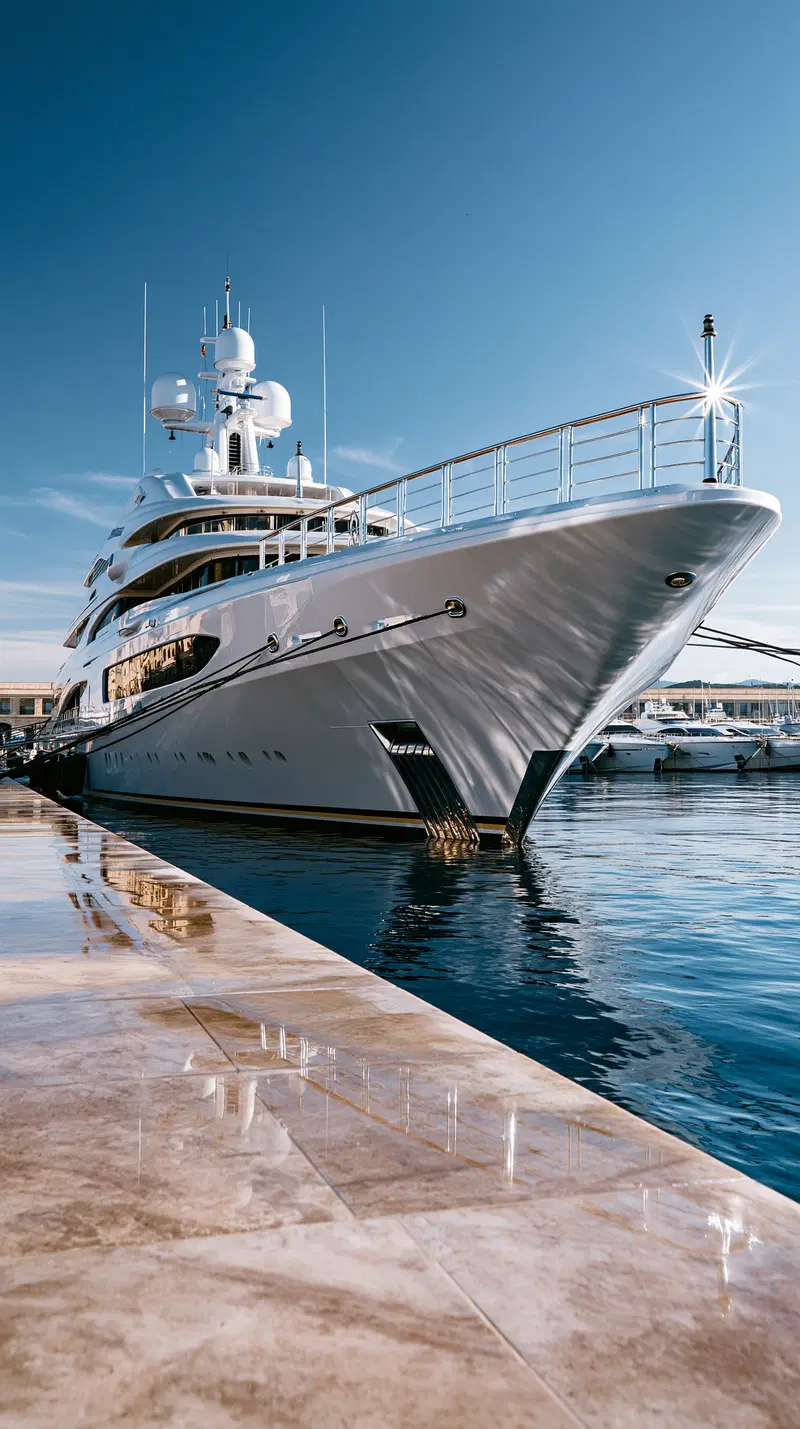 Luxurious white yacht docked at a marina under clear blue sky