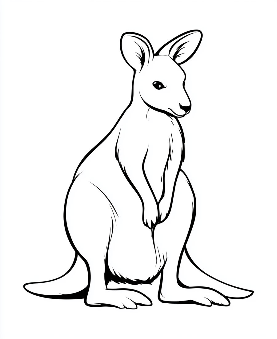 A simple black and white line drawing of a kangaroo sitting upright on its hind legs with its tail extending back