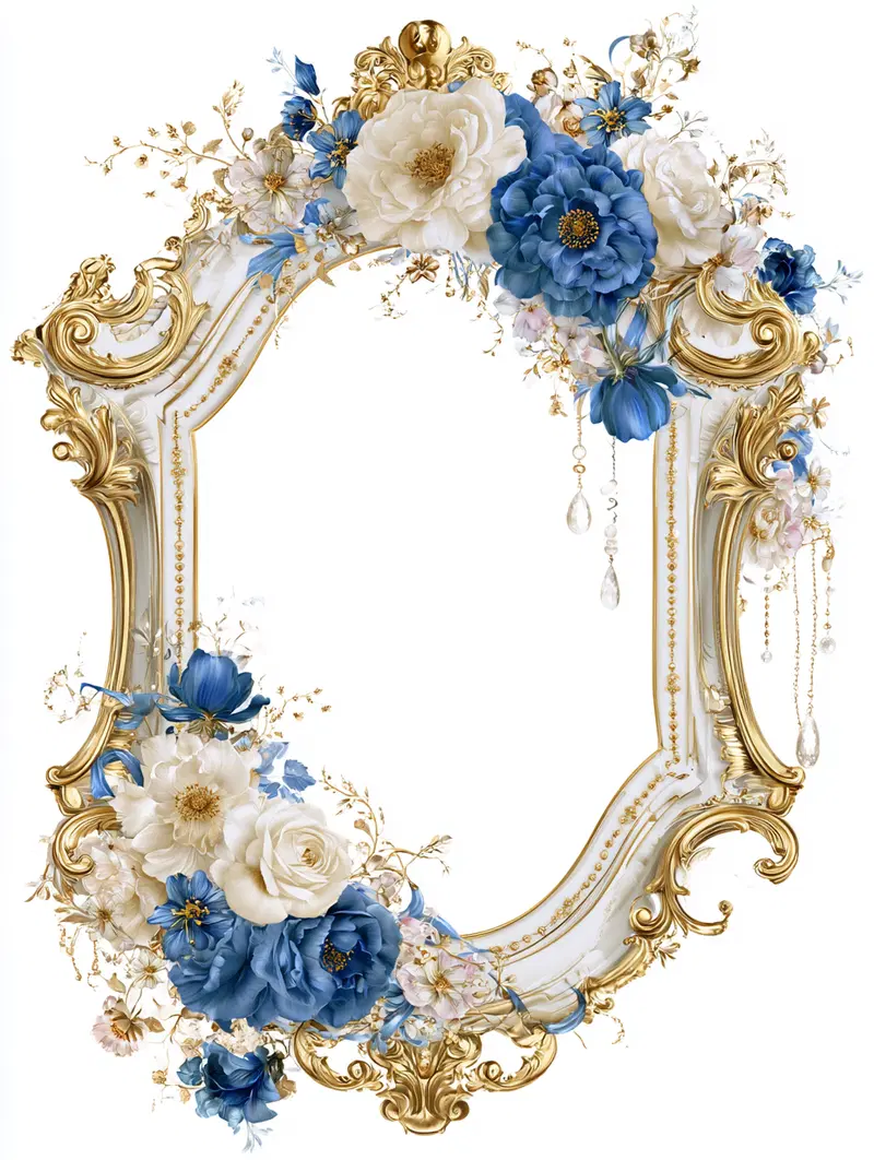 Ornate vintage frame adorned with elegant blue and white flowers
