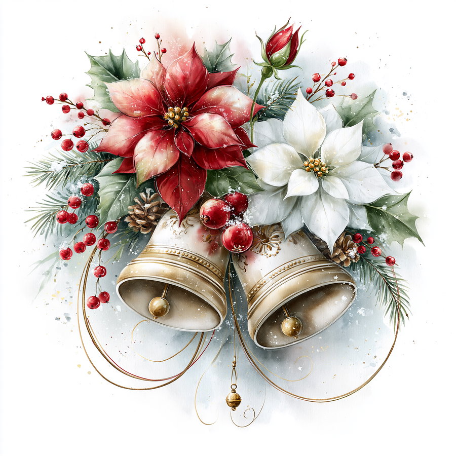 Two decorative bells adorned with red and white poinsettia flowers, pine cones, red berries, and green leaves with a snowy effect on a light background
