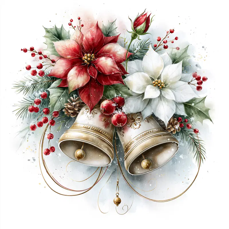 Festive holiday arrangement with poinsettias, bells, and berries