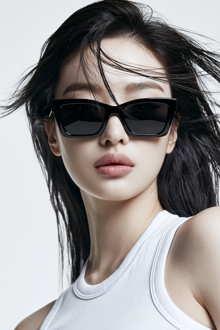 a woman with long dark hair wearing large black sunglasses and a white sleeveless top against a plain light background