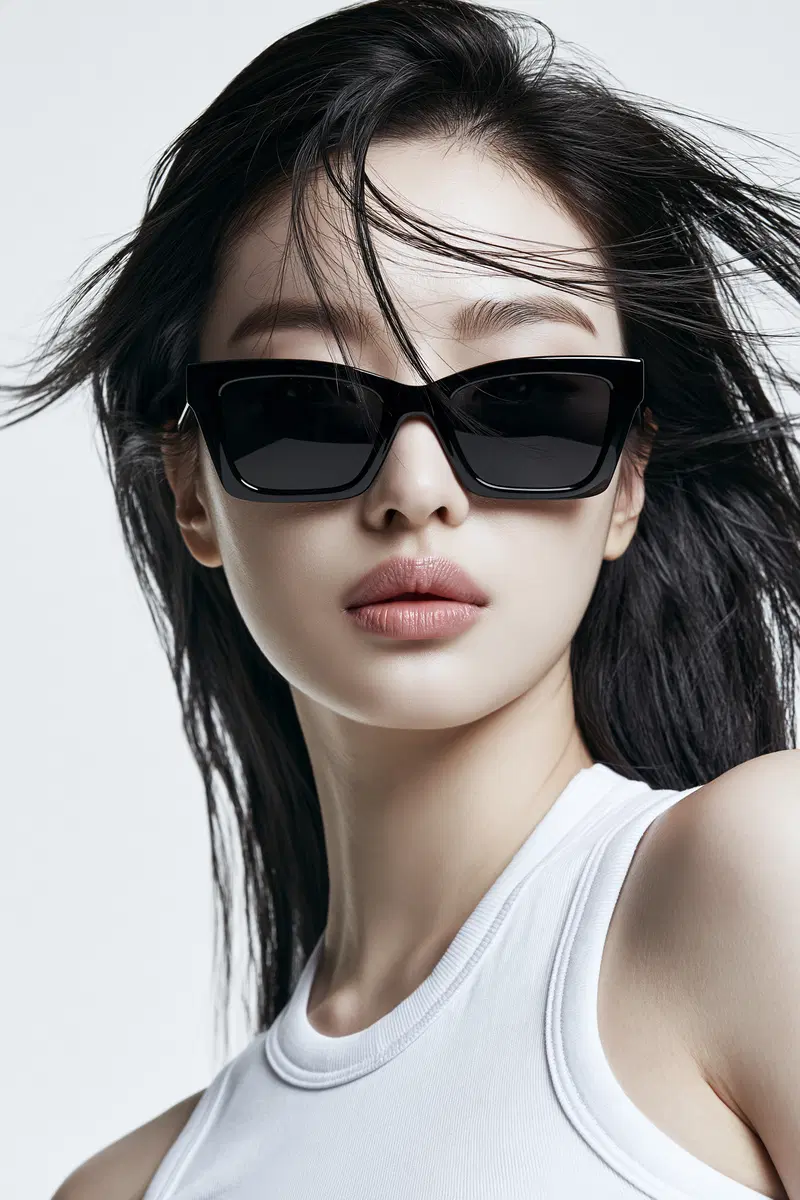 Close-up portrait of a woman wearing black sunglasses and white sleeveless top