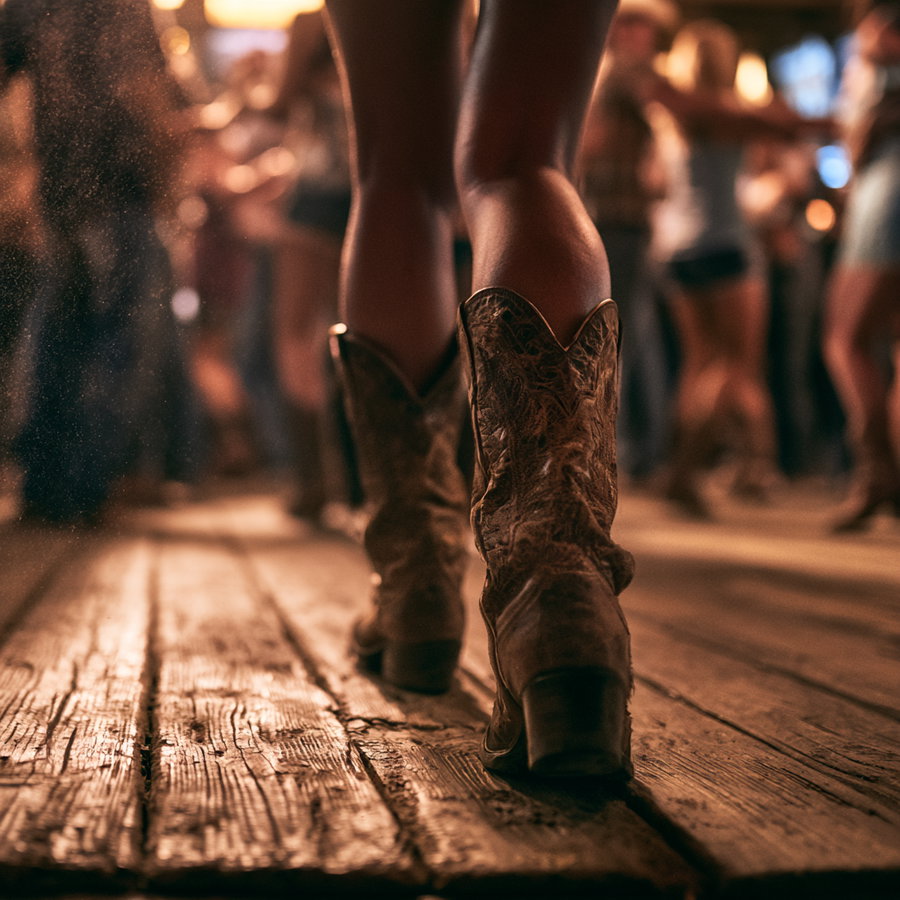 Close-up image of a person's legs wearing brown cowboy boots standing on a wooden floor with blurred people in the background at a crowded indoor event