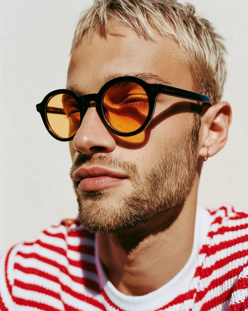Close-up portrait of a man wearing round orange sunglasses and striped sweater