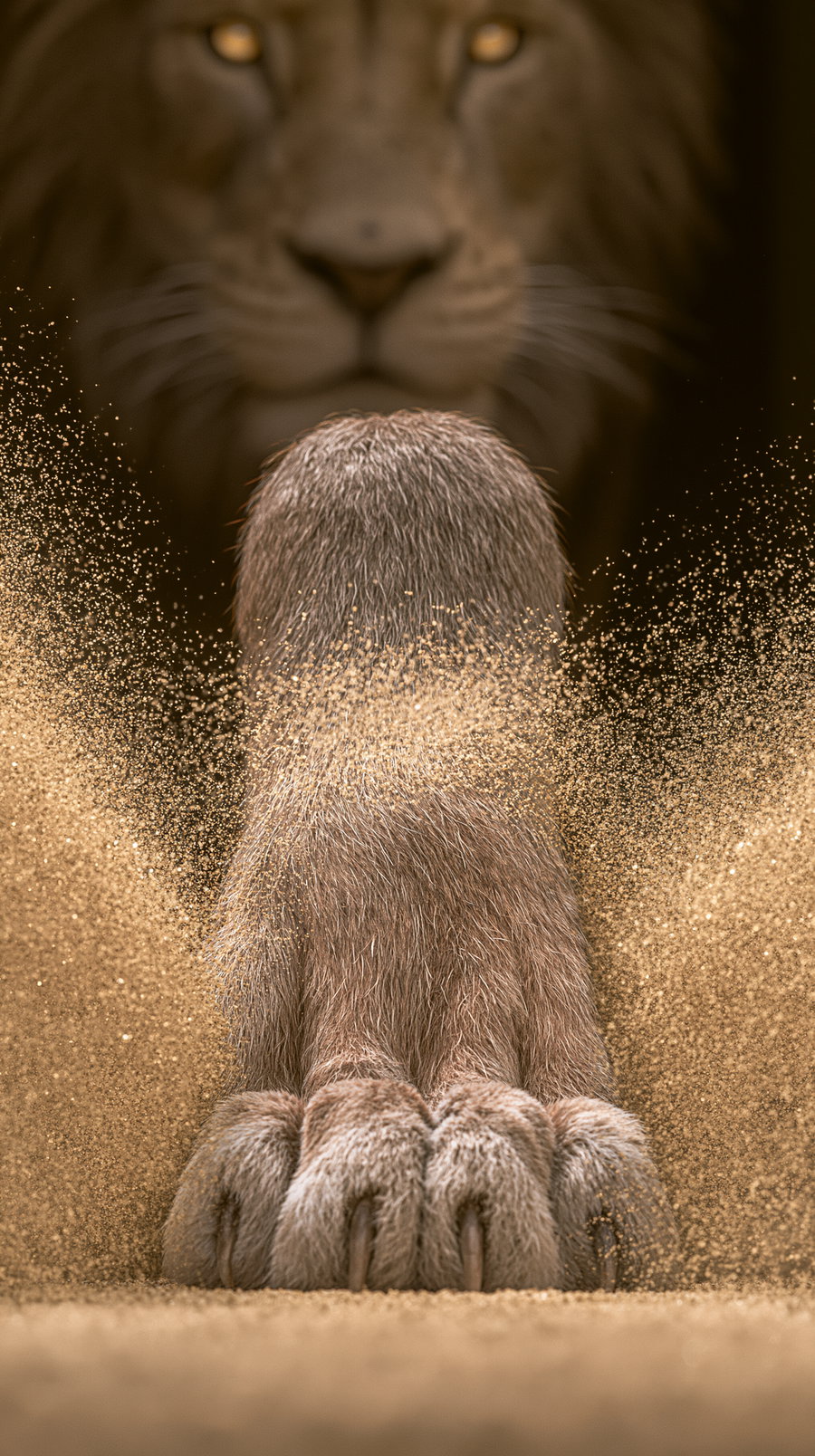 A lion's large furry paw is shown kicking up sand in the foreground while the lion's face is blurred in the background.