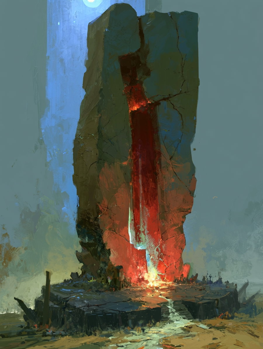 A large cracked stone monolith with glowing red and blue light emitting from a vertical fissure in the center, set on a rocky foundation under a grayish-blue sky