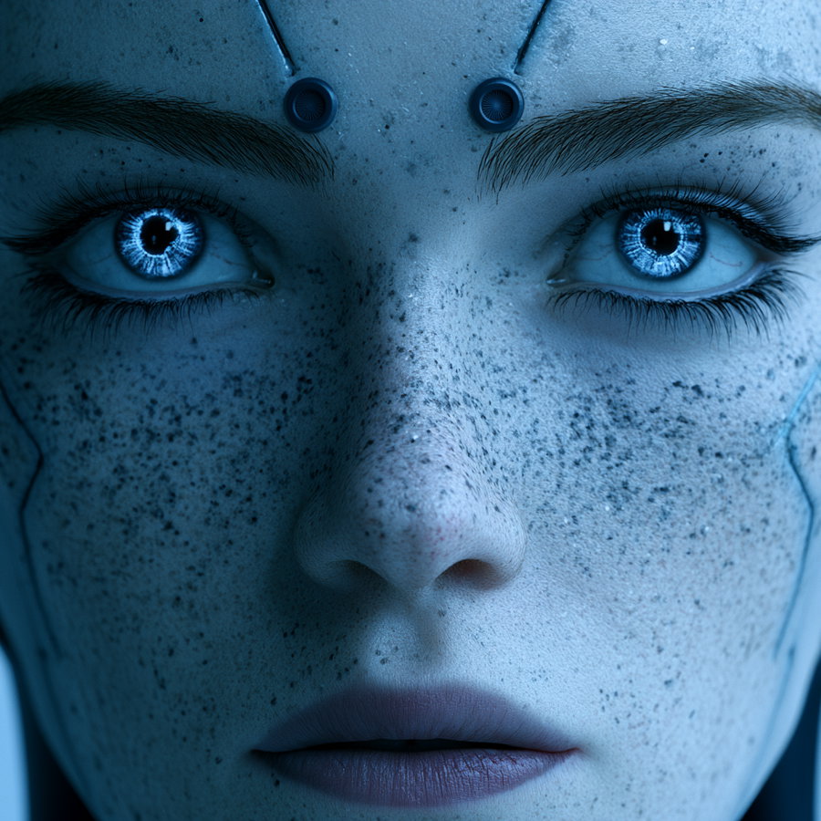Close-up portrait of a woman with blue-toned skin, glowing blue eyes, freckles, and mechanical details around the eyebrows