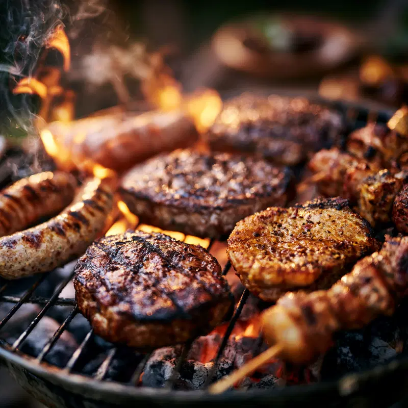 Close-up of meat and sausage grilling over hot flames on a barbecue