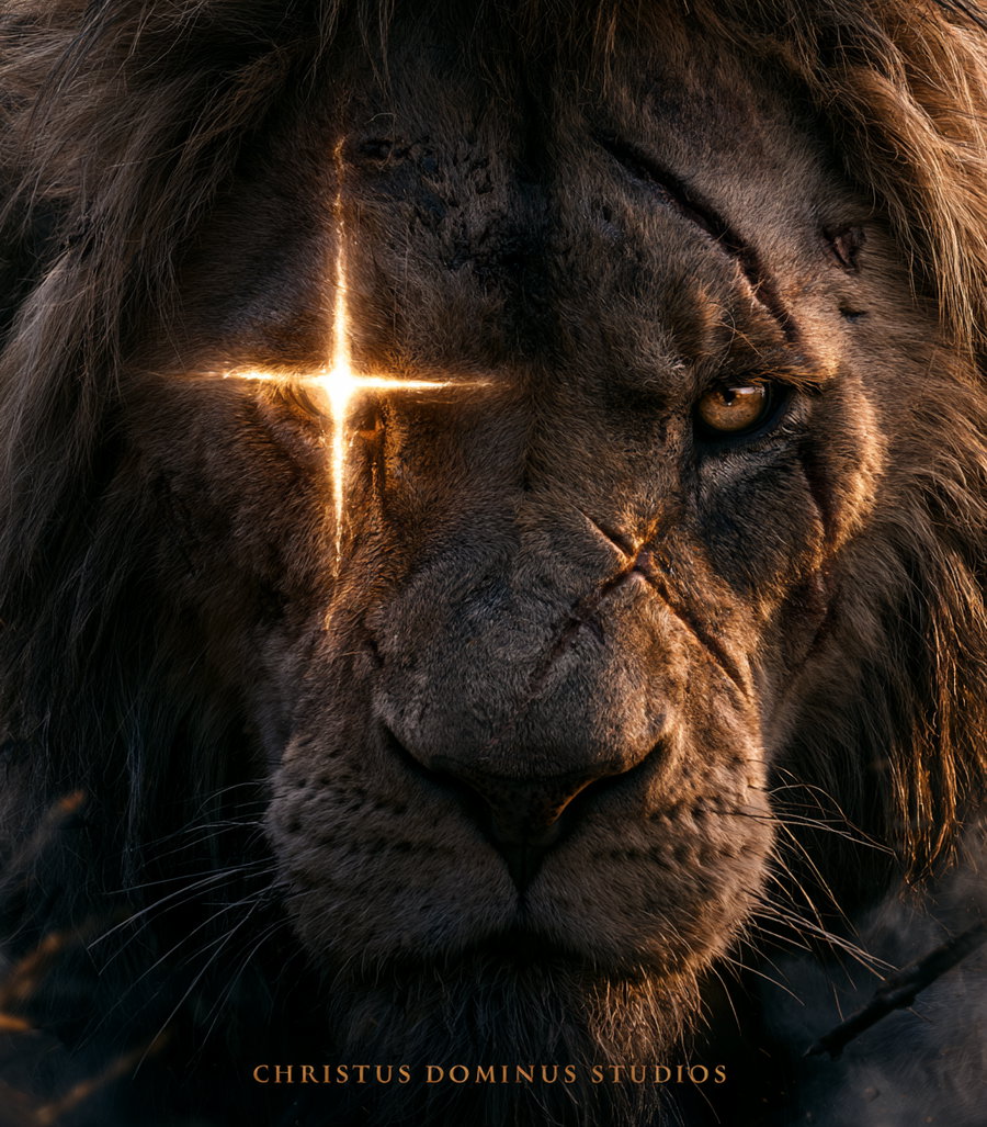 A close-up image of a lion's face with a glowing cross-shaped scar above its left eye and other facial scars, showing intense eyes and detailed fur texture