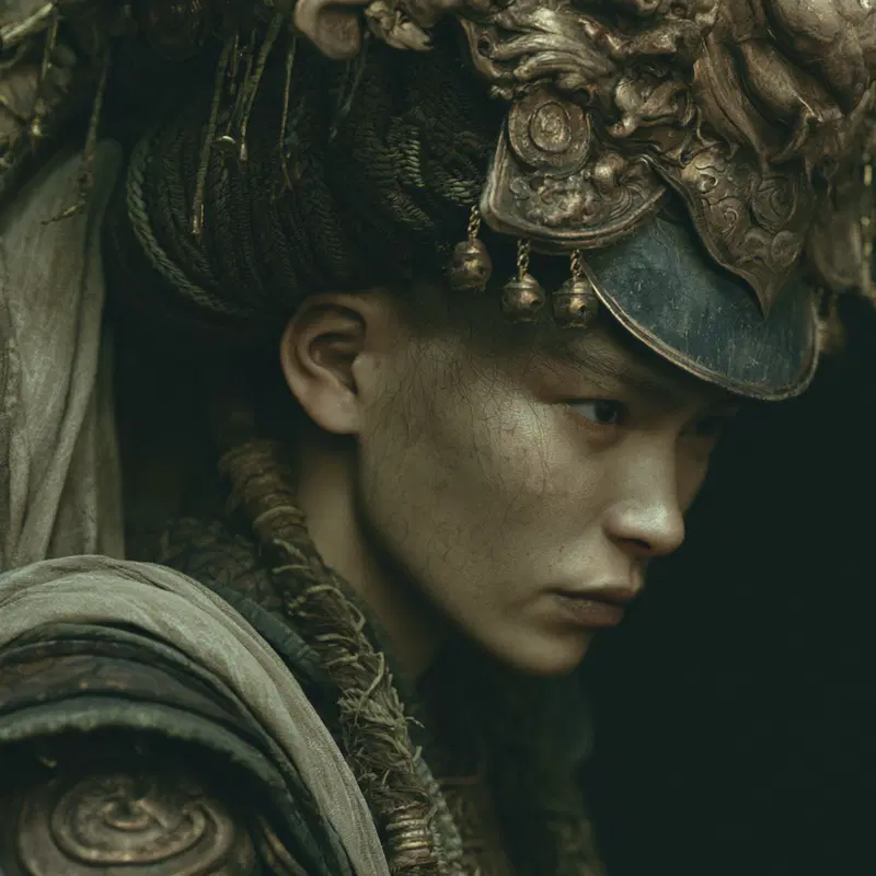 Portrait of a person wearing detailed ornate armor and headgear in a fantasy style