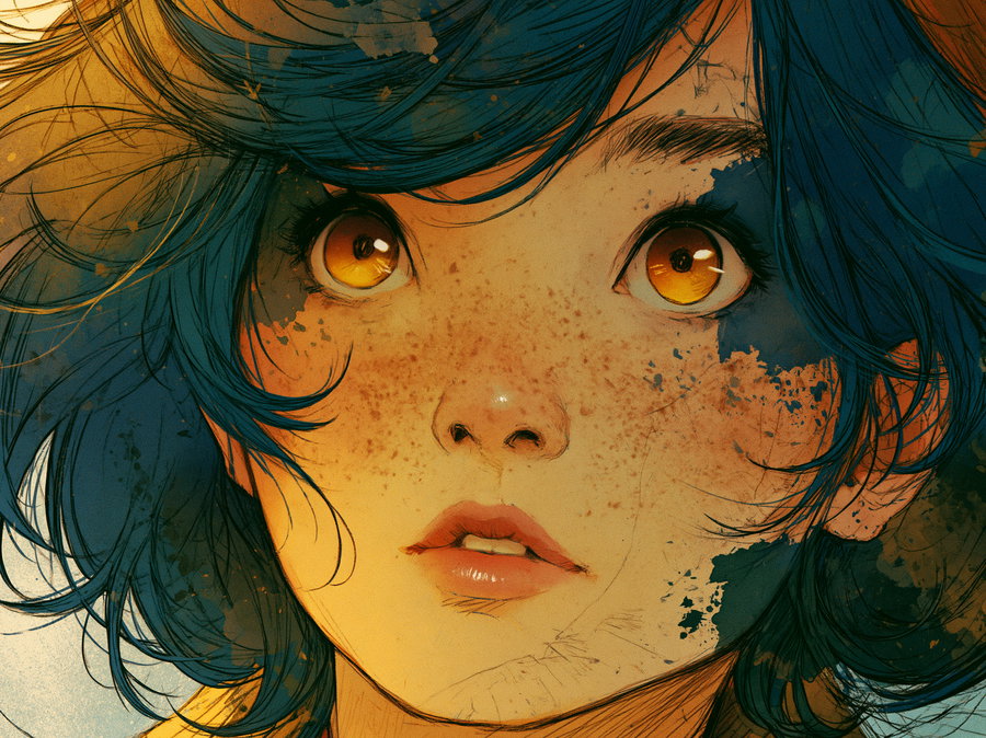 Close-up illustration of a woman's face with large amber eyes, blue hair, and freckles with artistic paint splatters