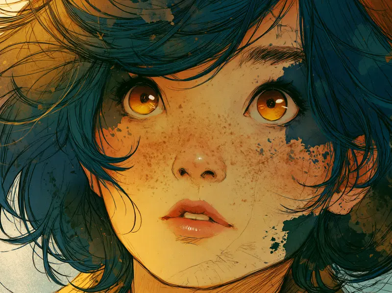 Artistic close-up portrait of a woman with striking amber eyes and blue hair