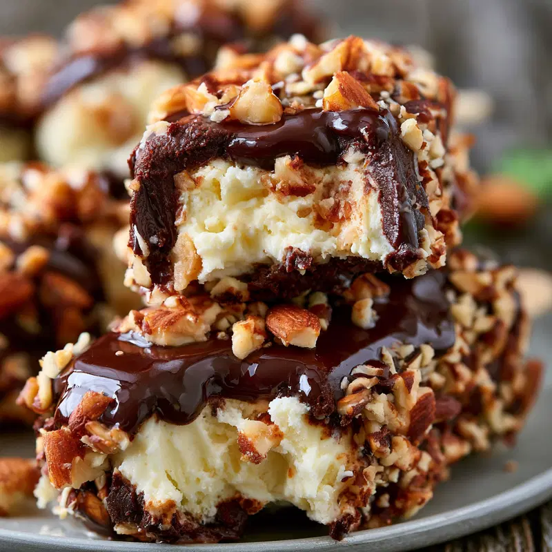 Close-up of chocolate-covered ice cream bars coated in nuts with bites taken