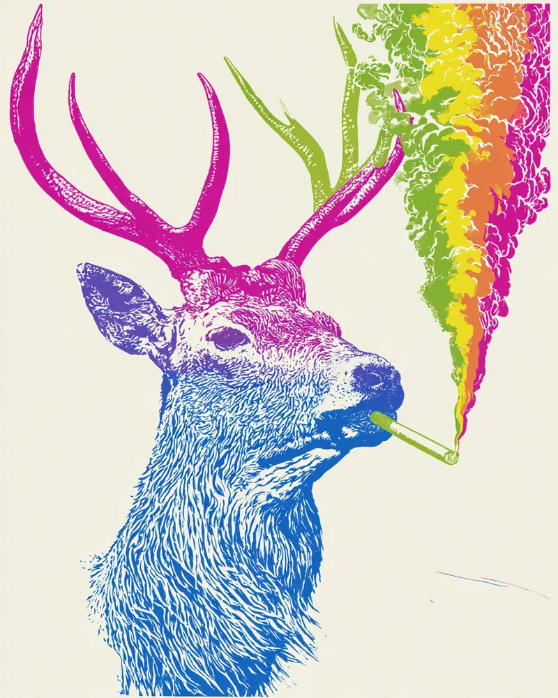 Colorful illustration of a deer smoking with rainbow-colored smoke
