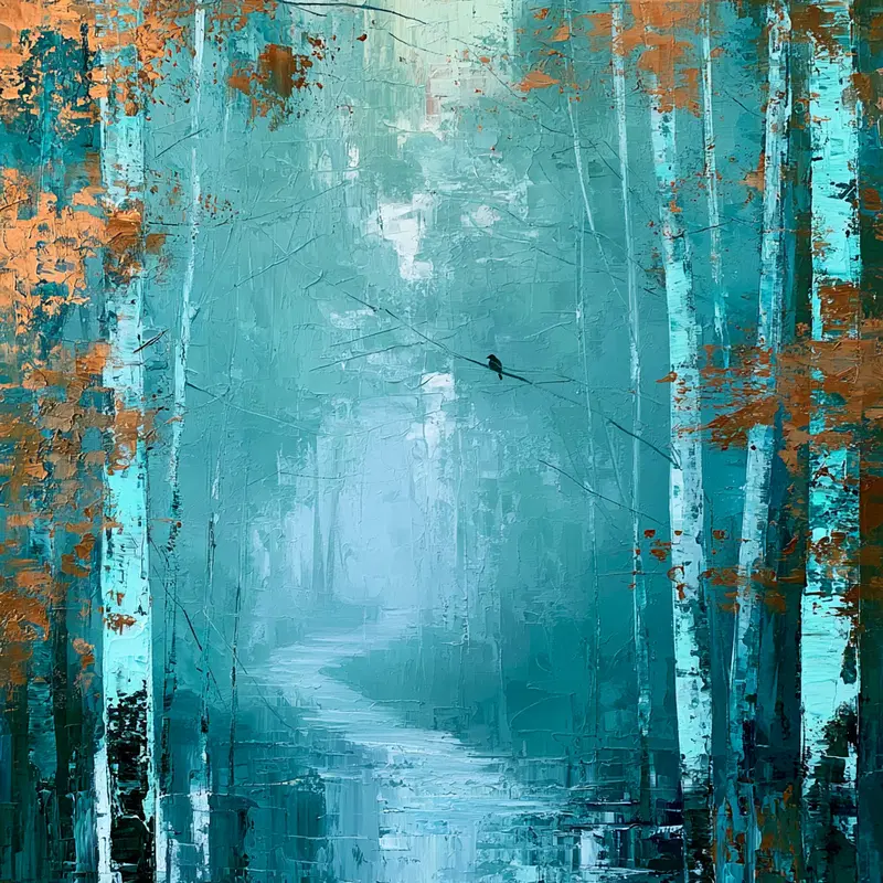 Mystical blue and orange autumn forest with a winding river and bird