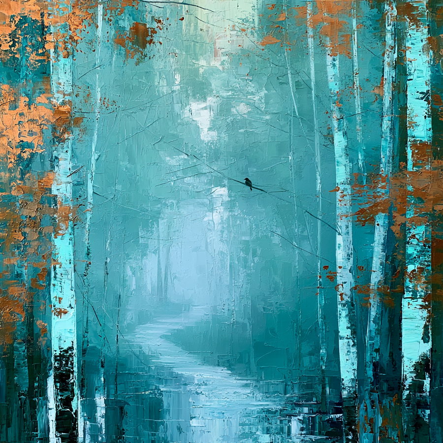 Abstract painting of a blue-toned forest with orange leaves, tall birch trees, a winding river and a small bird perched on a branch