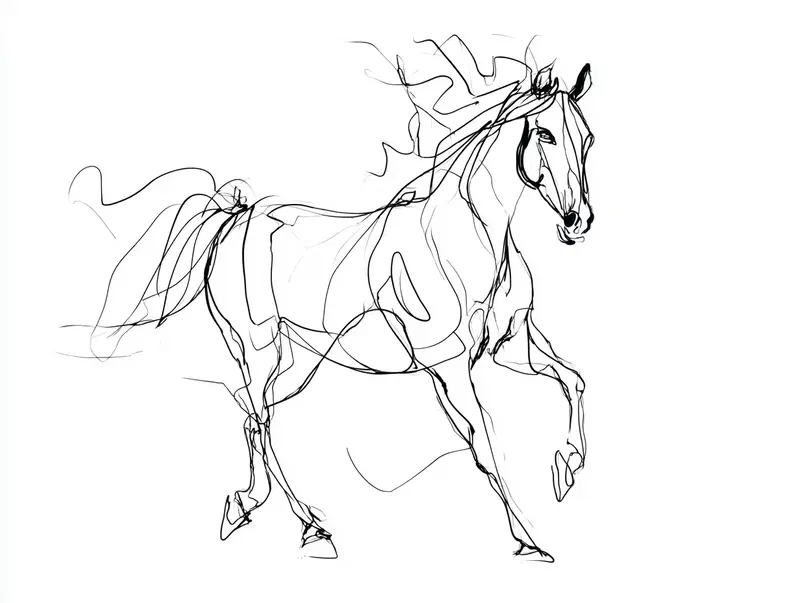 Dynamic continuous line drawing of a horse in motion on white background