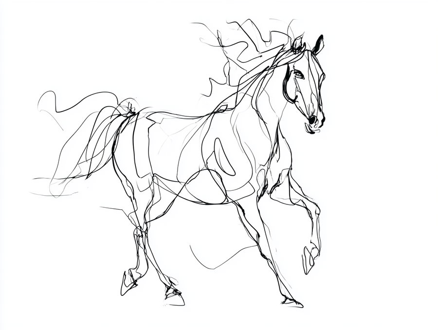 Black ink continuous line drawing of a horse with flowing mane and tail on a white background