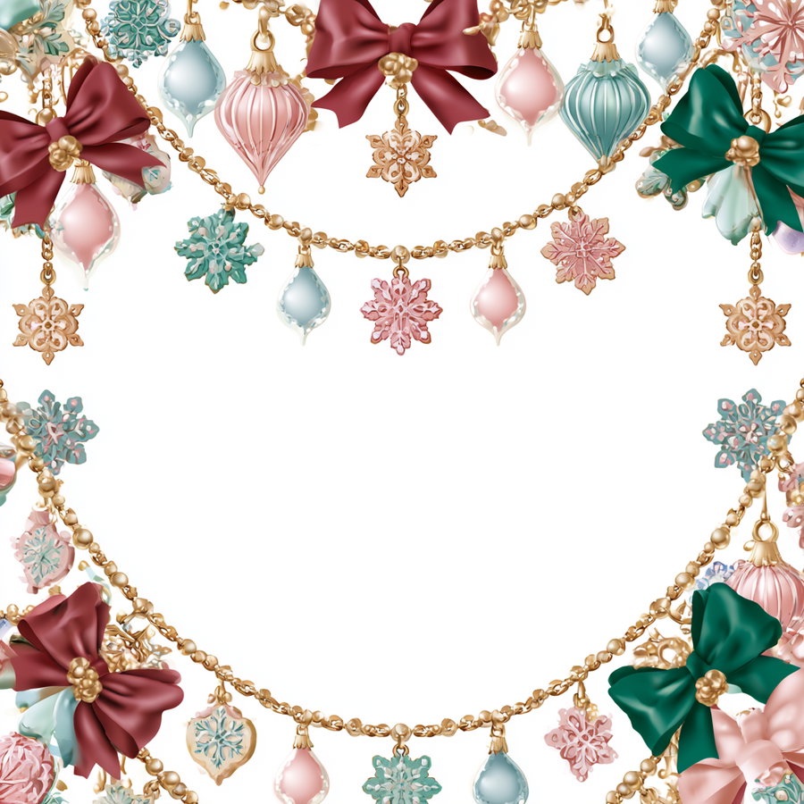 Gold chains adorned with pastel-colored blue and pink Christmas ornaments, snowflake pendants, and burgundy and green bows on a white background