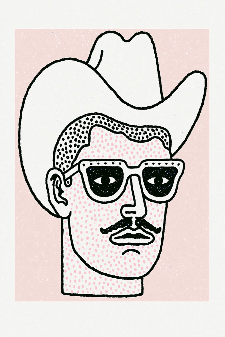 Simple black and white line drawing of a man's head with short hair, wearing large glasses and a cowboy hat, with pink dots as shading on his face