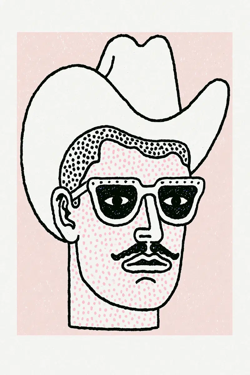Minimalist illustration of a man with glasses, mustache, and cowboy hat