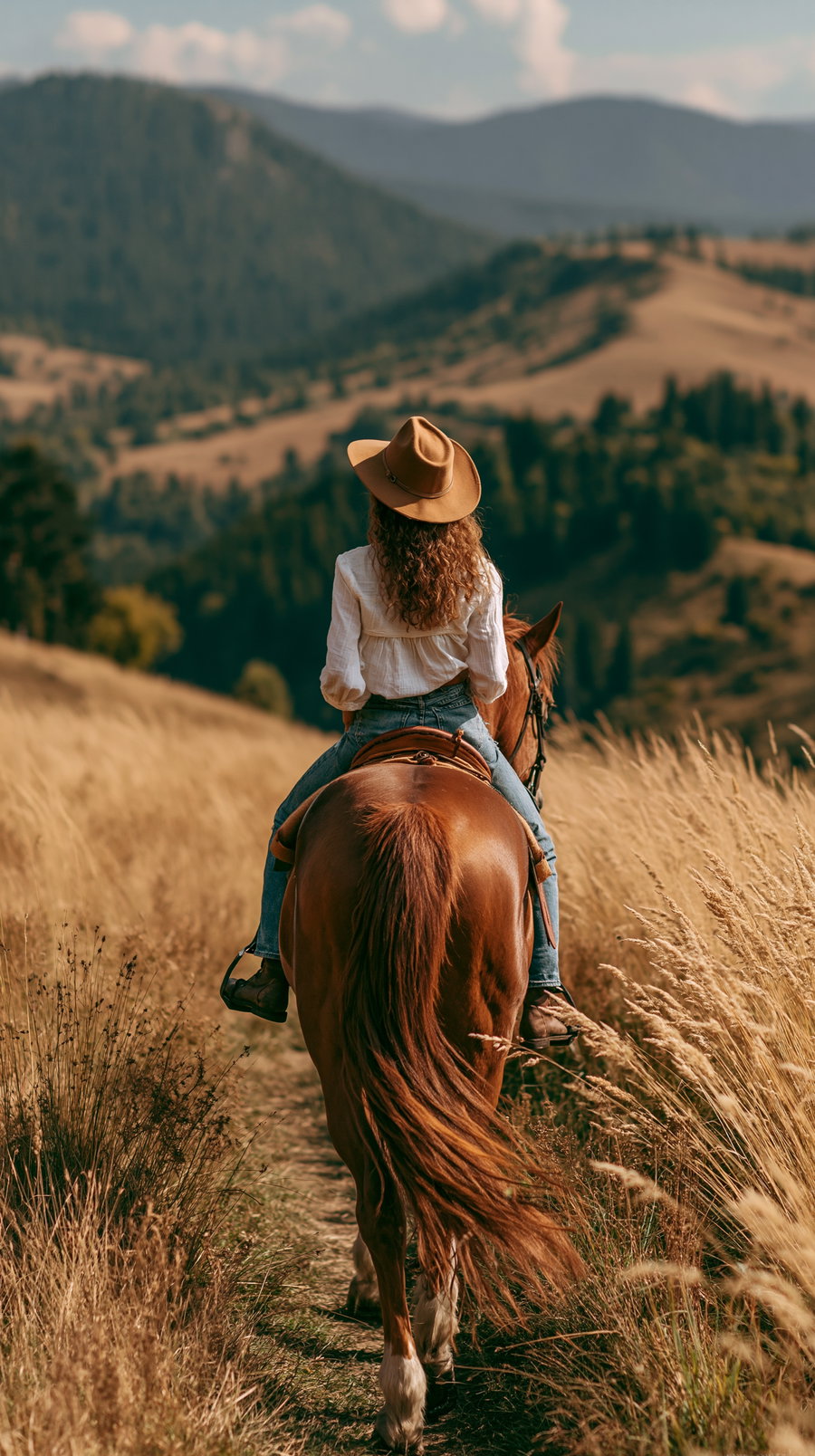 Person in a white top, blue jeans, and a brown hat riding a chestnut horse on a narrow dirt path surrounded by tall dry grass with hills and trees in the background
