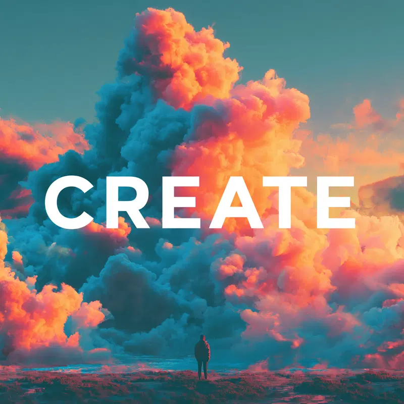 A solitary figure stands before massive, colorful dreamlike clouds with the word CREATE