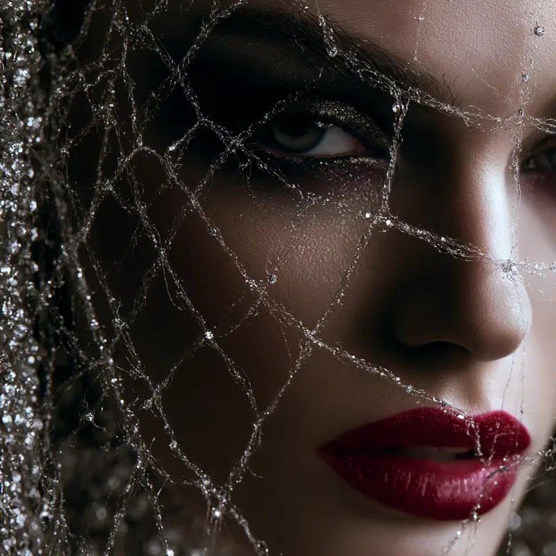 Close-up portrait of a woman with striking makeup and decorative netting on her face