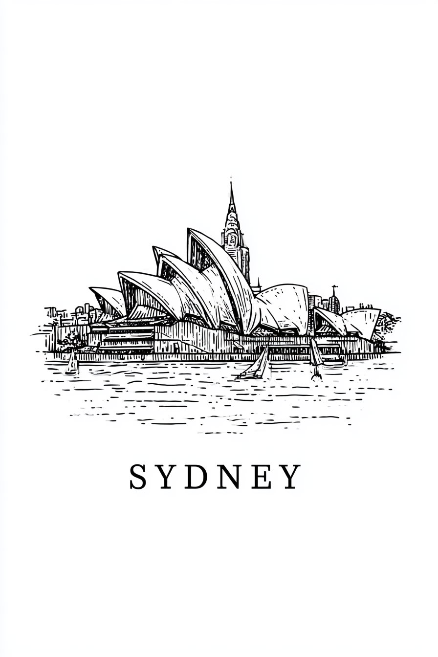 Black and white drawing showing the Sydney Opera House on the water with sailboats and city buildings in the background